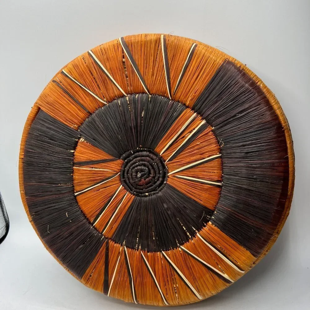 Vintage Basket Hand Woven Tray Round Design Black Raffia Natural Grass 12” Wall